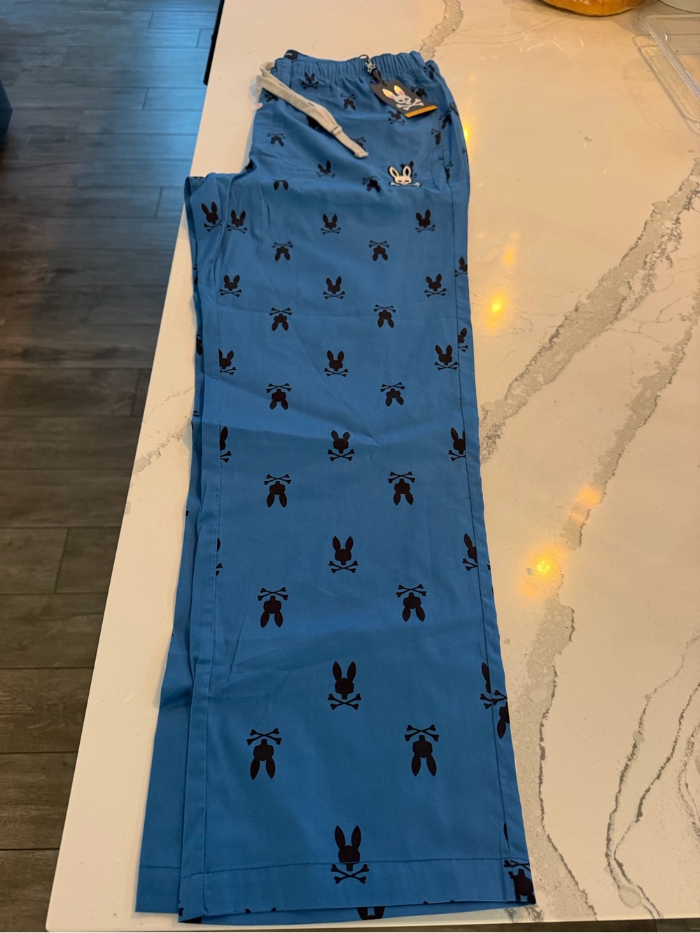 Psycho Bunny Blue Lounge Pants with Black Bunny Skull Print